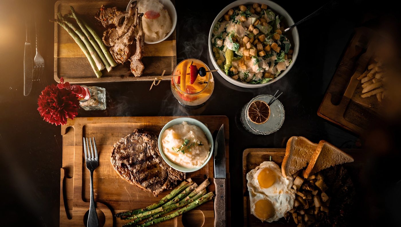 Overhead brunch spread at Wilde on the Porch — steak, eggs, asparagus and fresh sides