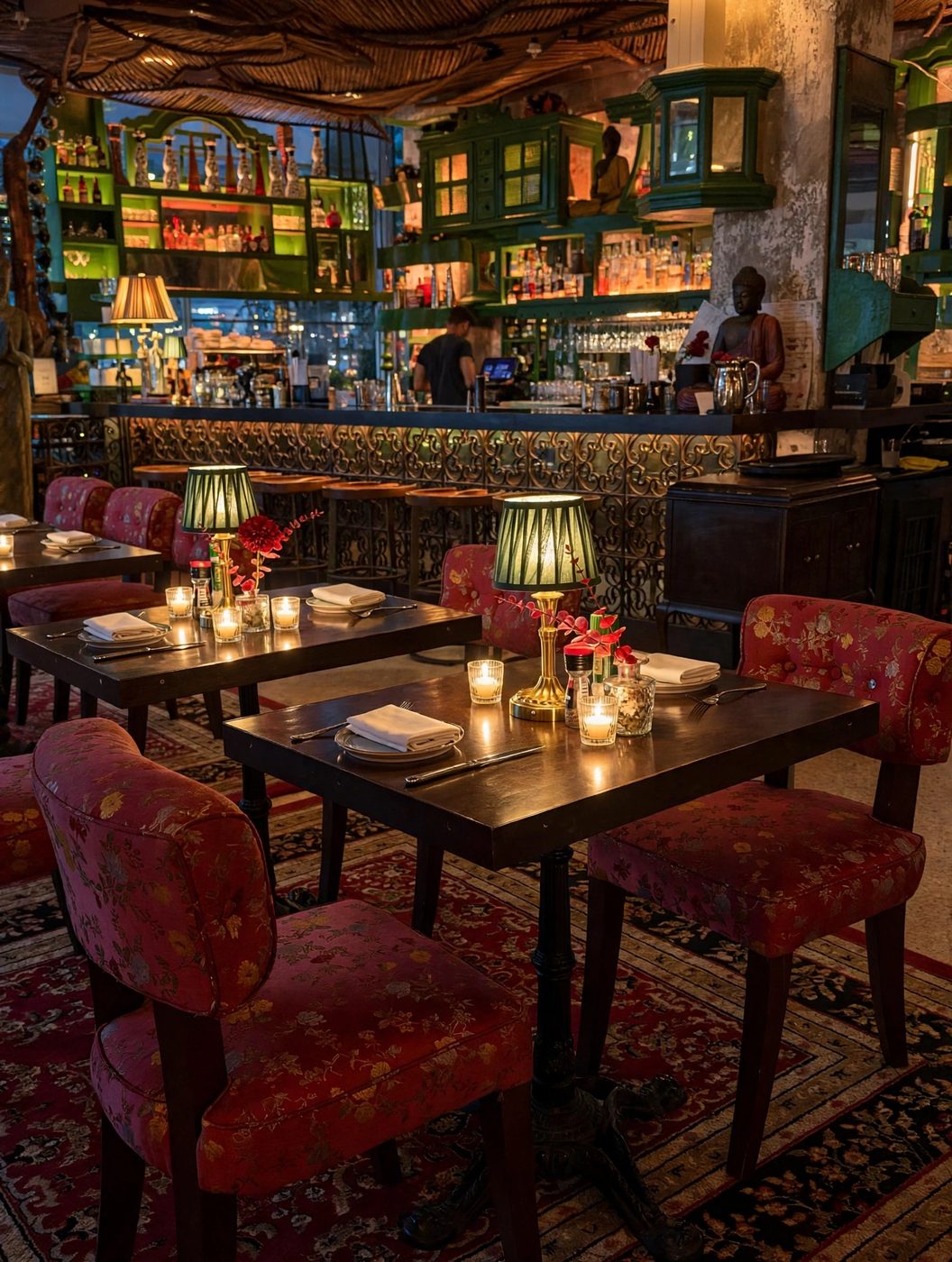 Warm dining room at Wilde on the Porch — red chairs, dark wood, glowing back bar