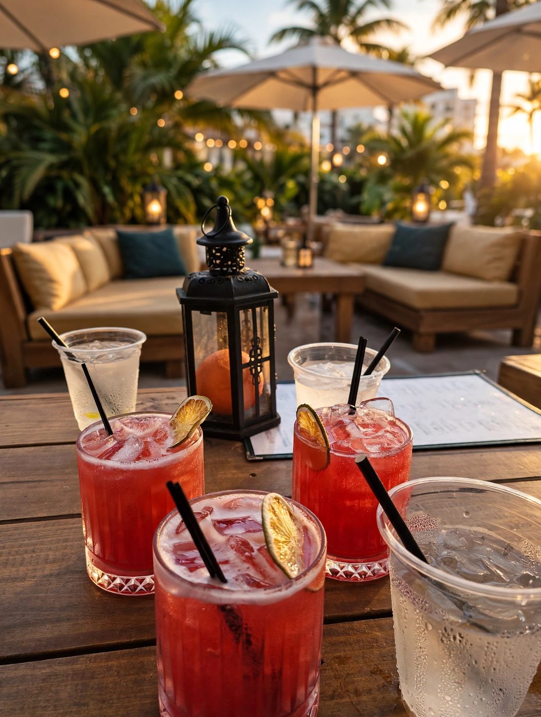 Red cocktails with lime on the porch at golden hour