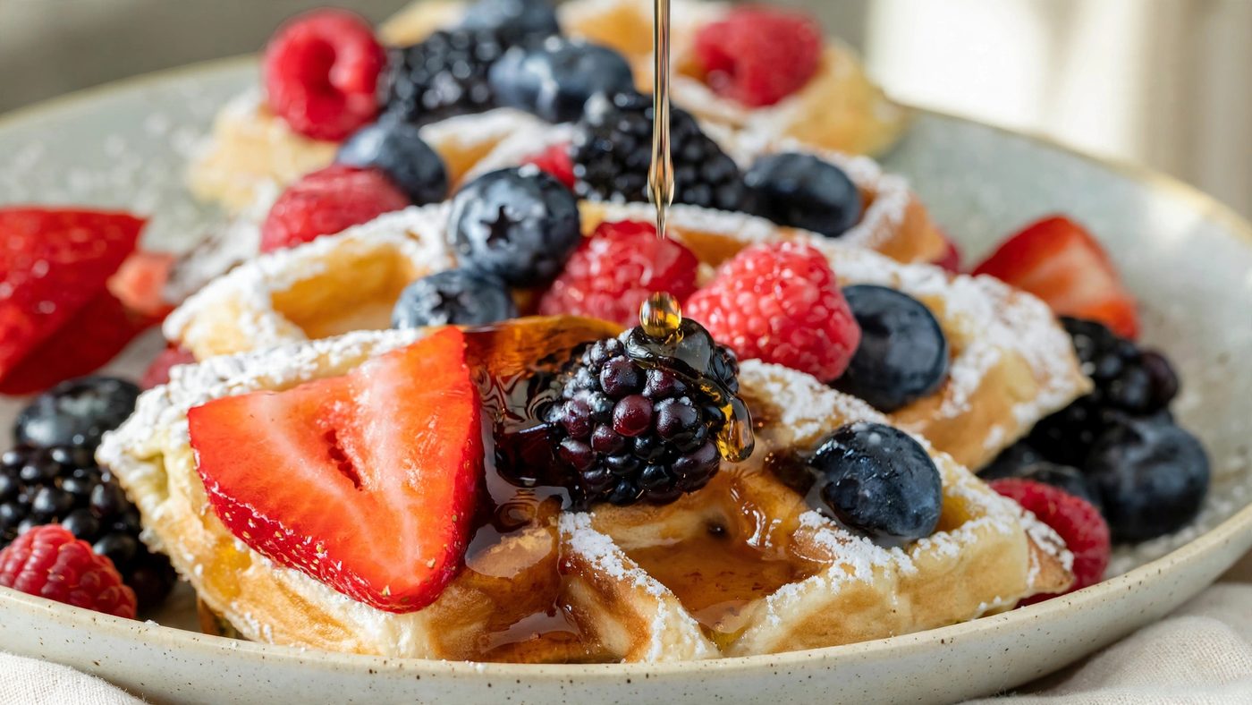 Berry waffles with syrup being poured — Wilde brunch